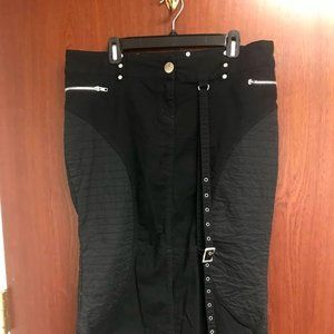 Long black twill Lip Service skirt silver zippers buckle strap XL punk goth